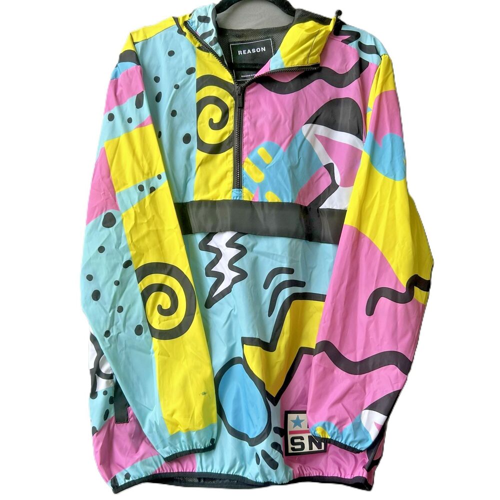 Reason Men's Multicolor Abstract Windbreaker Hoodie Pullover Size Large